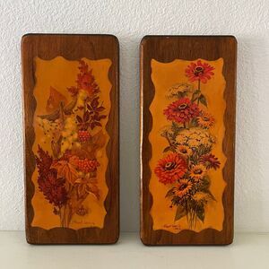 Vintage Boho Wood Lithograph Flower Plaque Wall Art Robert Laessig